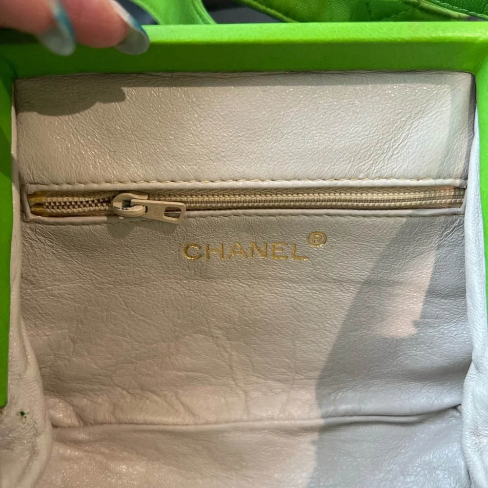 CHANEL Vintage Apple Green Quilted Mini Shoulder Bag with Gold Bar